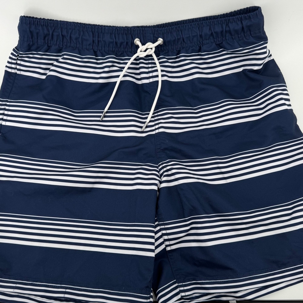 Lands' End Swim Trunks Mens L Navy Blue Striped Board Shorts 8" inseam 507209